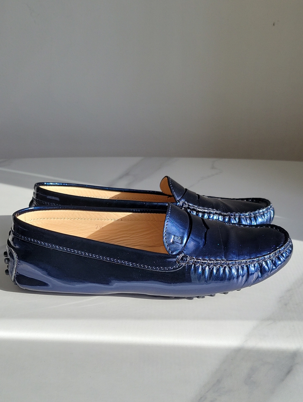 Tod's Matellic Navy Leather Penny Loafers